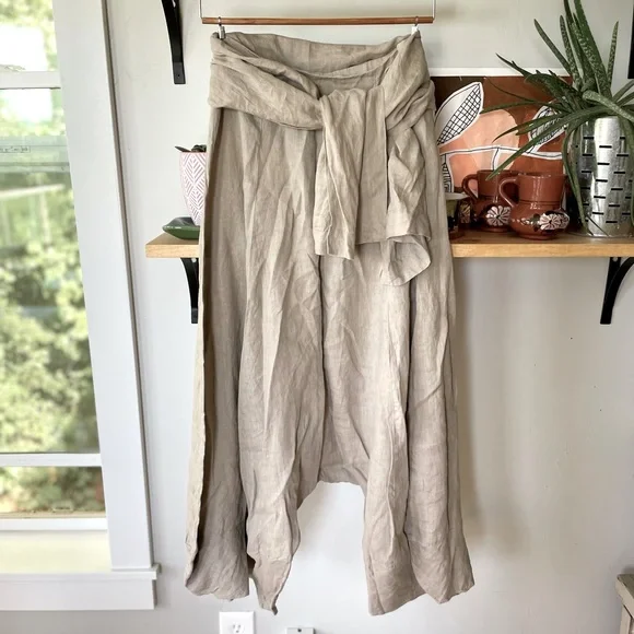 Sarah Pacini Oatmeal Beige Linen Harem Wide Leg Designer Pants with Sash Belt M - Picture 10 of 12